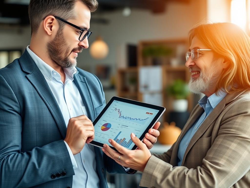 A close-up shot of a professional consultant discussing financial options with a business owner in an office setting. The consultant is holding a tablet displaying graphs and statistics, while the business owner appears engaged and attentive. The background should be an office space with modern decor, emphasizing a professional atmosphere. The color palette should align with rgb(0, 117, 98), creating a harmonious and inviting scene.