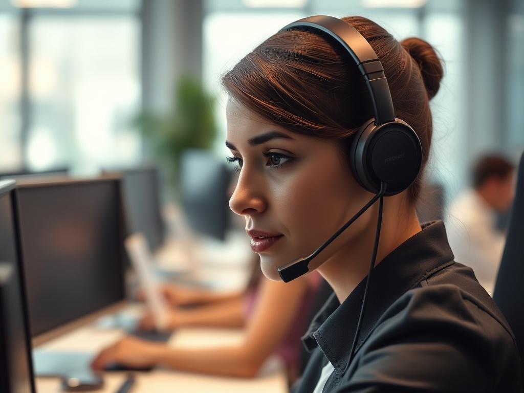 A close-up shot of a professional call center representative wearing a headset, focused on their computer screen. The background features blurred elements of a modern call center environment, including desks and technology, creating a professional and busy atmosphere. The lighting is bright and inviting, emphasizing the representative's engagement in their work. The image should evoke a sense of efficiency and expertise, with a focus on the representative's expression.