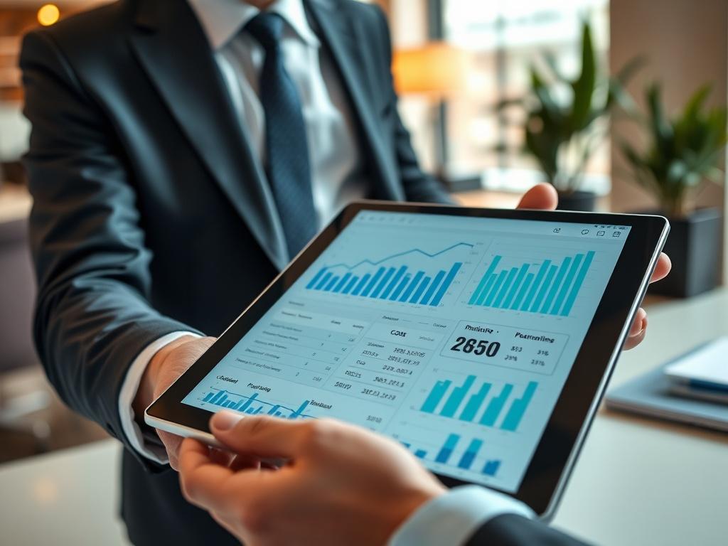 A high-resolution image of a business professional comparing costs on a digital tablet, with graphs and charts visible on the screen. The setting is a stylish office, with a focus on the tablet in the foreground, showcasing a clear and engaging comparison of rates.