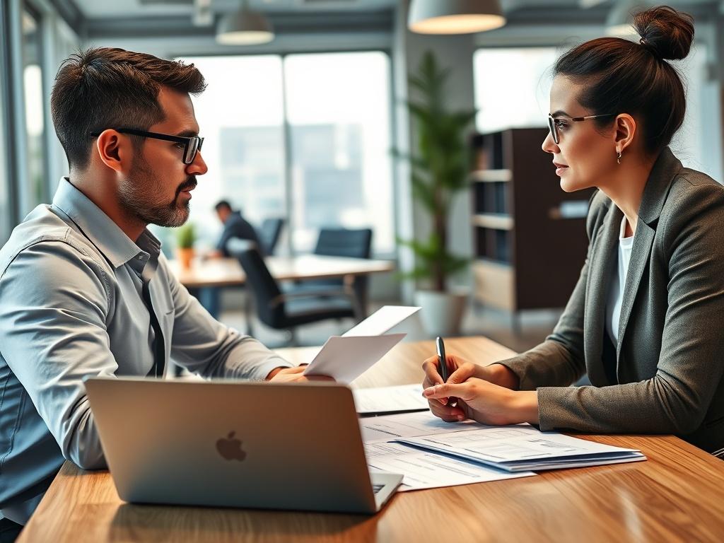 A vibrant image depicting a business owner discussing funding options with a financial advisor in a modern office. The scene captures a dynamic exchange of ideas, with documents and a laptop on the table, emphasizing the collaborative approach to business funding.