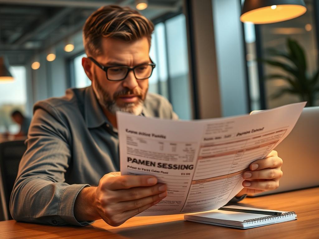 A close-up shot of a business owner examining a payment processing statement with a focused expression. The background features a modern office setting with a clean desk, a laptop, and a notepad. The lighting is warm, highlighting the details of the statement and the owner's engaged demeanor.