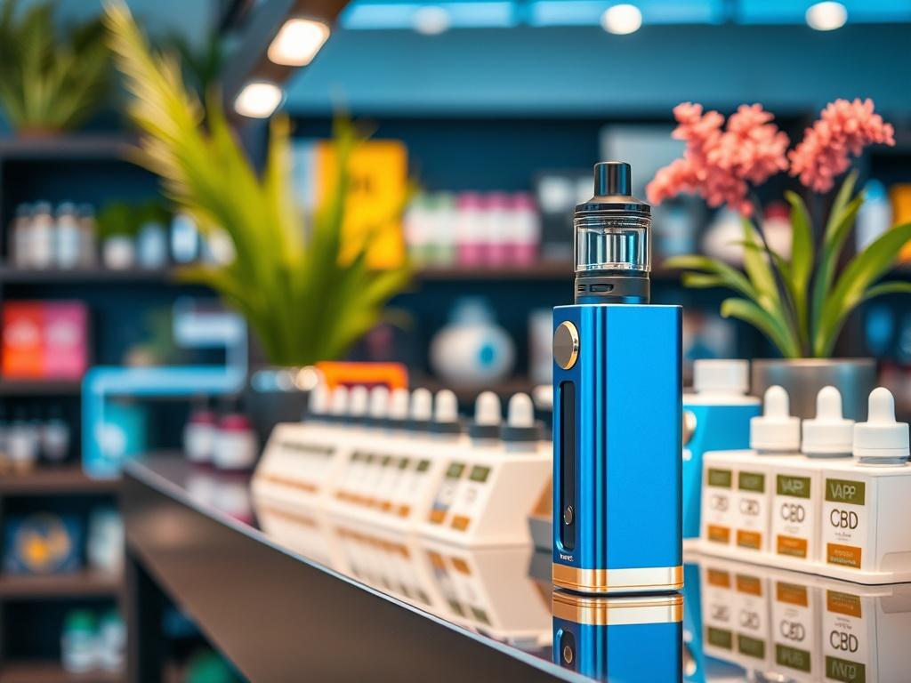 A high-resolution close-up shot of a modern vape shop interior, showcasing a sleek display of various vape products and CBD oils on a well-lit shelf. The focus should be on a vibrant, stylish vape device in the foreground, with blurred background elements like colorful packaging and decorative plants. The image should convey a welcoming and contemporary atmosphere, reflecting the essence of a trendy retail space. Use RGB(0, 117, 98) as a theme color in the design elements.