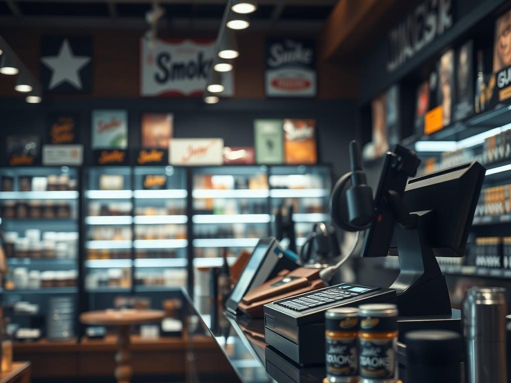 A realistic high-resolution close-up shot of a modern smoke shop interior, featuring an elegant display of various tobacco products and accessories. The focus should be on a well-organized POS system on the counter, with soft lighting highlighting the products. The background should be blurred to emphasize the foreground, creating a warm and inviting atmosphere. The image should convey a sense of professionalism and efficiency in the smoke shop environment, shot with a 45mm f/1.2 lens.