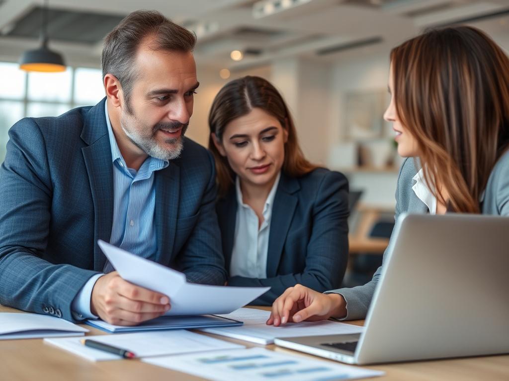 A close-up shot of a business owner discussing funding options with a financial advisor in a modern office, with documents and a laptop on the table.