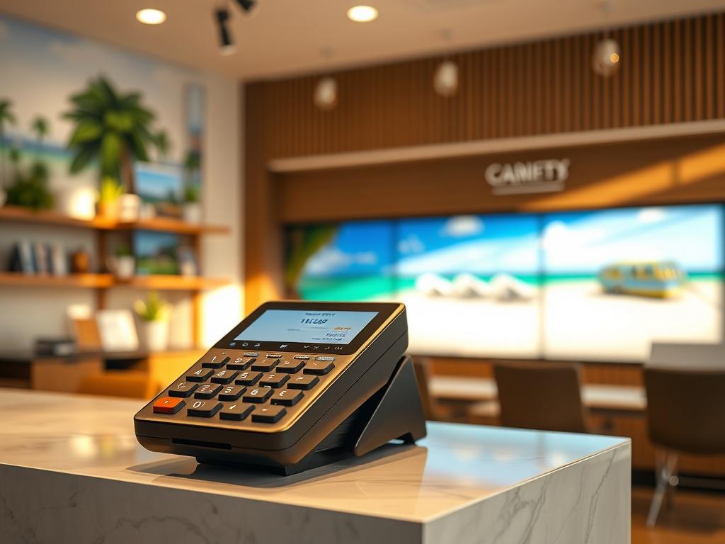 A close-up shot of a modern payment processing terminal on a stylish counter at a vacation sales office. The terminal displays a successful transaction on its screen, with a tropical-themed brochure in the background showcasing beautiful vacation destinations. The setting is bright and inviting, with soft natural lighting illuminating the scene, creating a warm and professional atmosphere.