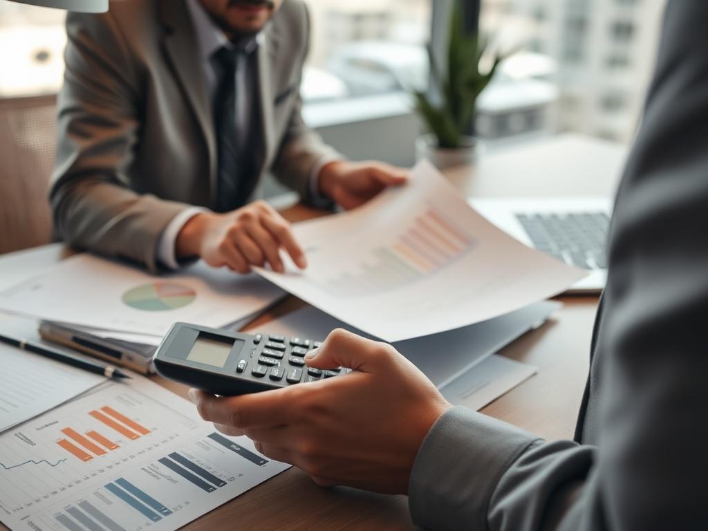 A close-up shot of a business owner analyzing financial statements with a calculator, surrounded by paperwork and a laptop, in a modern office setting.