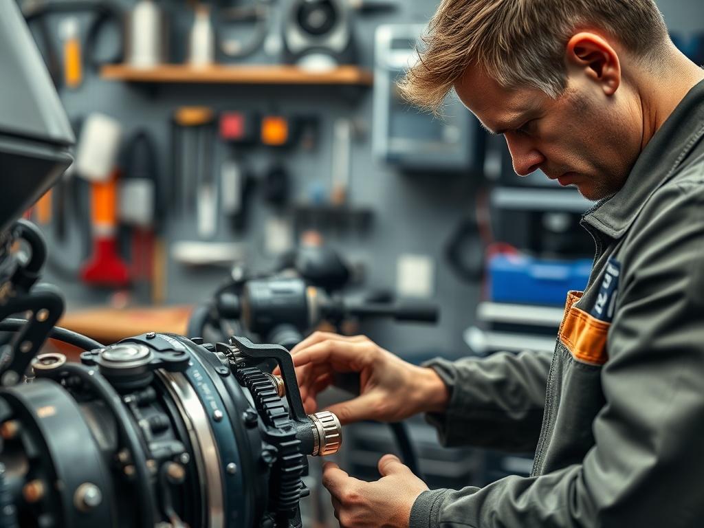 A close-up shot of a marine repair shop showcasing a technician working on a boat engine, with tools and equipment neatly arranged in the background. Focus on the technician's hands and the intricate details of the engine components, creating a sense of professionalism and expertise. The background should be slightly blurred to emphasize the subject, with colors that complement the primary color rgb(0, 117, 98).