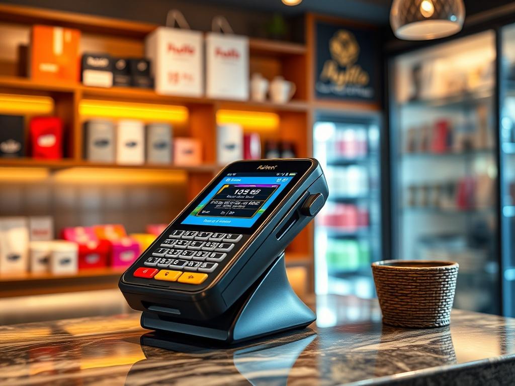 A realistic high-resolution close-up shot of a sleek modern payment terminal on a countertop in an adult store setting. The terminal displays a colorful interface, and the background features tasteful decor, such as shelves with discreetly packaged products. The lighting is warm and inviting, emphasizing the professionalism of the payment process. The image should be shot with a 45mm f/1.2 lens to achieve a shallow depth of field, blurring the background slightly while keeping the terminal in sharp focus.