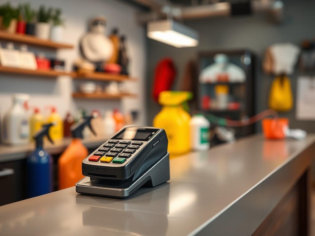 A close-up shot of a modern credit card terminal on a sleek counter at a pest control service office. The terminal is displayed prominently, showcasing its advanced technology. In the background, blurred images of pest control tools, such as spray bottles and protective gear, subtly hint at the industry. The color scheme harmonizes with rgb(0, 117, 98), creating a professional and inviting atmosphere.