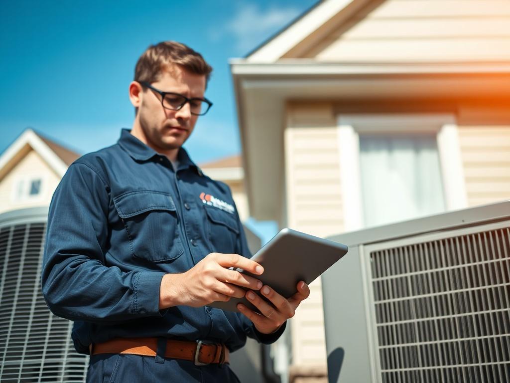 A realistic close-up shot of a modern HVAC technician using a tablet to process payments at a job site. The technician, wearing a branded uniform, is focused and engaged while standing next to a high-efficiency HVAC unit. The background shows a well-maintained residential home, with a clear blue sky. The image should be captured with a 45mm f/1.2 lens style, ensuring sharp detail and a soft blurred background that highlights the technician and the HVAC unit.