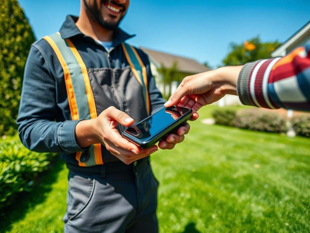 A close-up shot of a professional lawn care worker using a mobile POS system to accept payment from a satisfied customer. The background features a well-manicured lawn with vibrant green grass and a clear blue sky. The focus is on the interaction between the worker and the customer, showcasing a sense of trust and efficiency. The colors should be bright and inviting, with an emphasis on the lush greenery.
