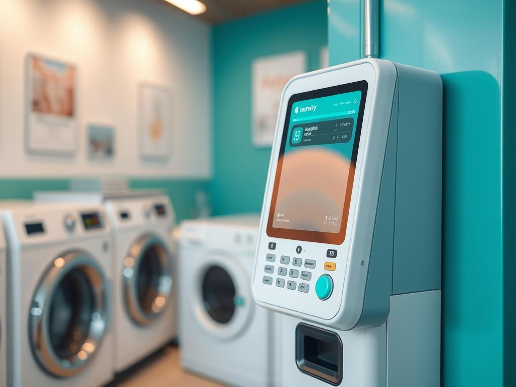 A hyper-realistic close-up shot of a modern laundry mat payment terminal with a sleek design, set against a clean and inviting laundry mat background. The terminal should be prominently displayed, showcasing its user-friendly interface. Soft lighting should enhance the scene, and the color scheme should include shades of teal and white to align with the brand's primary color rgb(0, 117, 98).