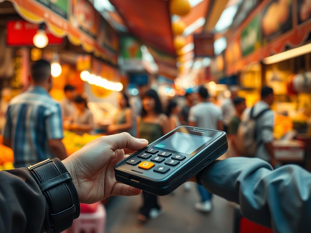 A close-up shot of a mobile payment terminal being used by a person in a busy outdoor market. The scene captures a vibrant and dynamic atmosphere, with colorful food stalls and people interacting. The focus is on the payment terminal in the foreground, showcasing its sleek design. The background is slightly blurred to emphasize the terminal, with warm lighting highlighting the bustling market environment.