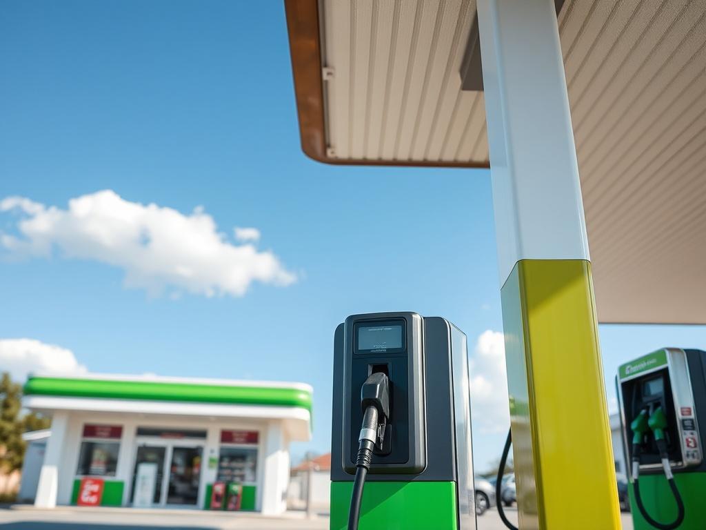 A modern gas station with a clean and well-maintained appearance, showcasing fuel pumps and a convenience store. The focus is on a single fuel pump with a vibrant green color scheme that reflects the rgb(0, 117, 98) primary color. The background shows a clear blue sky and a few fluffy clouds, creating a bright and inviting atmosphere. The image composition is simple and clear, emphasizing the fuel pump and the surrounding area without any clutter.