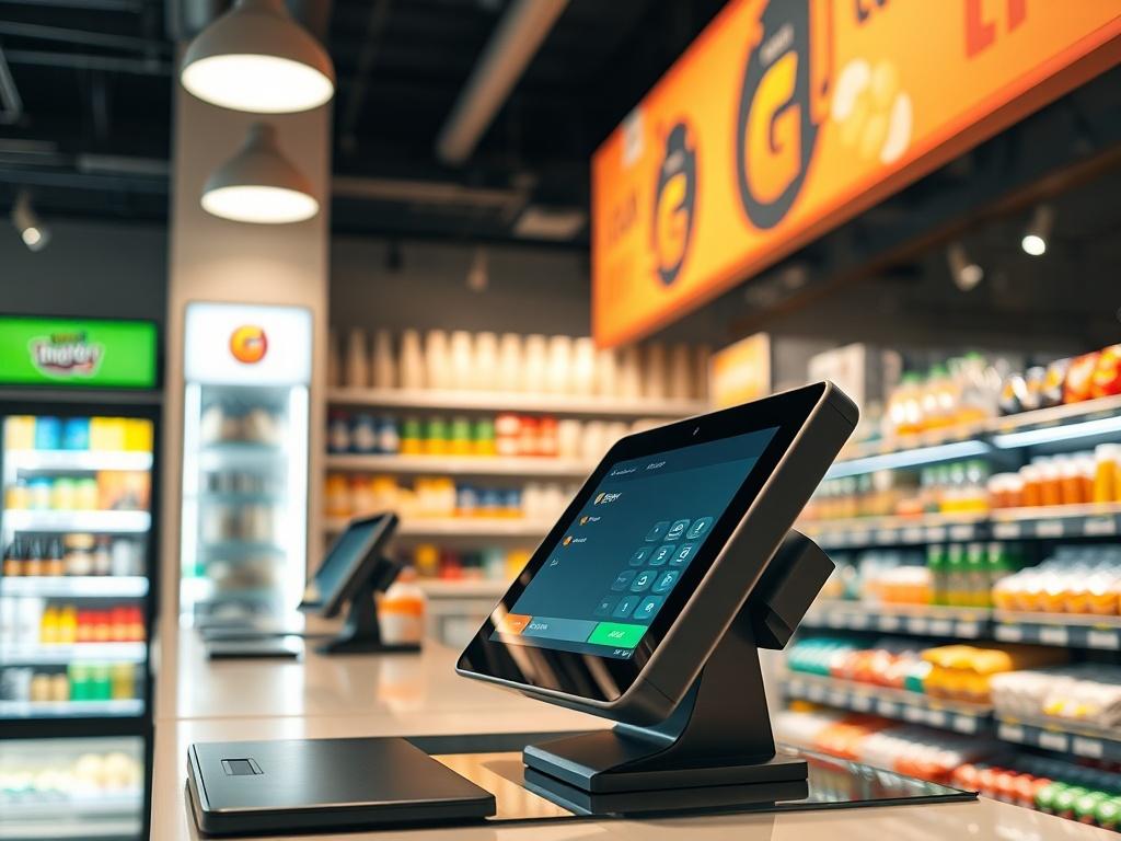 A high-resolution close-up shot of a modern convenience store checkout area, featuring a sleek POS terminal with a digital screen displaying payment options. The background should show neatly arranged shelves stocked with snacks and beverages, emphasizing a clean and inviting environment. The lighting should be bright and warm, creating a welcoming atmosphere, and the image should focus solely on the checkout area without any people present.