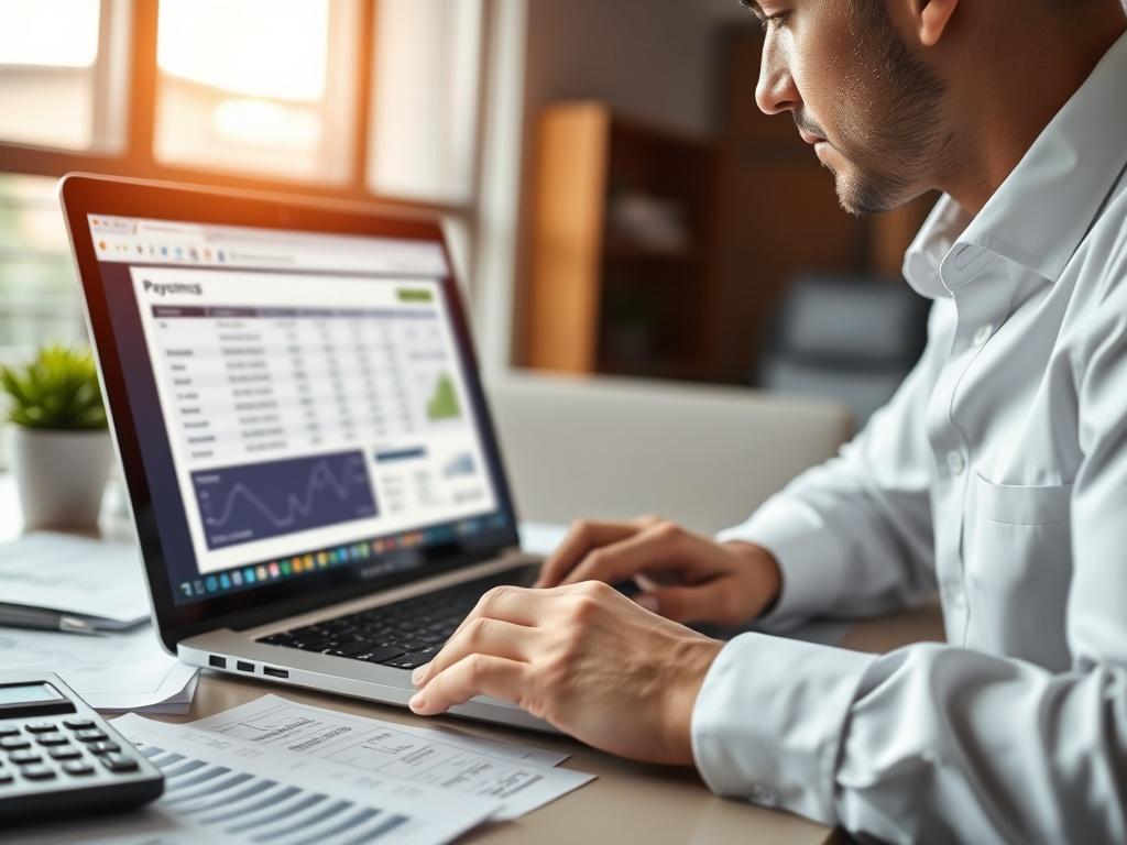 A close-up shot of a professional CPA working on a laptop, analyzing financial data with focus on the screen displaying payment processing software. The background features a modern office setting with financial documents and a calculator. The lighting is bright and inviting, emphasizing a productive atmosphere. The image should reflect a sense of professionalism and expertise.