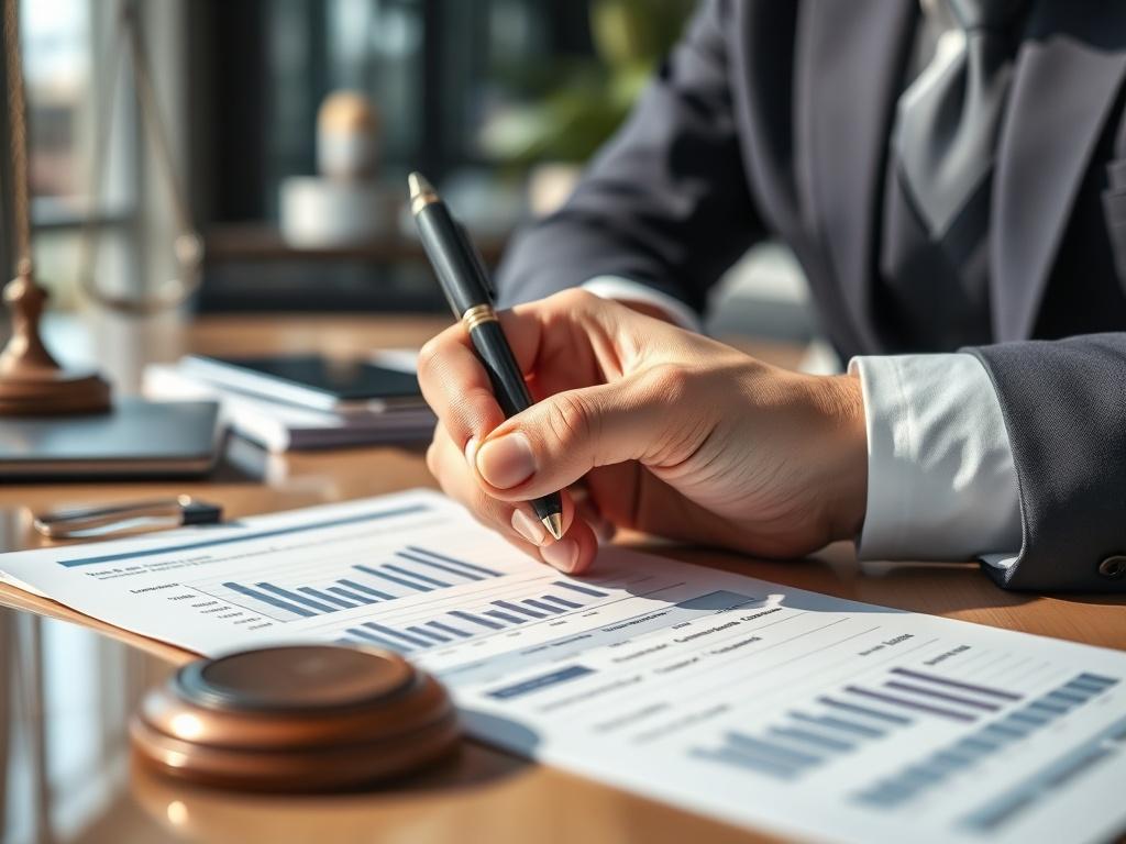 A close-up shot of a legal professional reviewing financial documents in an office setting, with a sleek desk and modern decor in the background. The focus is on the attorney's hand holding a pen, poised over a financial statement with charts and numbers visible. Soft natural lighting enhances the professionalism of the scene, capturing the essence of merchant processing for attorneys.