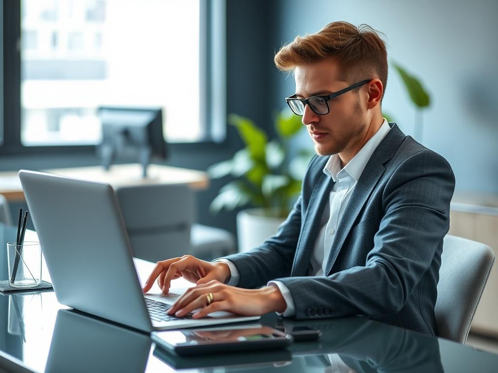 A professional booking agent sitting at a modern desk with a laptop open, reviewing payment processing options. The background features a sleek office space with a vibrant plant and natural light coming through a window. The focus is on the agent’s thoughtful expression as they analyze financial information, capturing the essence of professionalism and expertise.