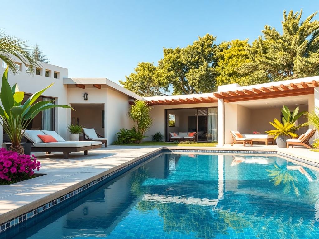A close-up shot of a modern vacation home rental property with a beautiful pool and outdoor living space. The image should focus on the inviting atmosphere of the property, showcasing vibrant colors of the landscaping and the elegance of the architecture. The background should be a clear blue sky and lush green trees, emphasizing a sunny day. The image should be realistic and high-resolution, styled with a 45mm f/1.2 lens.