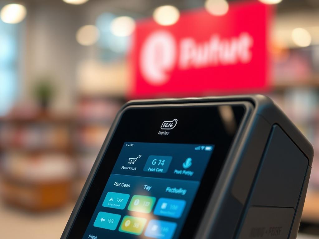 A hyper-realistic close-up shot of a modern e-commerce payment terminal with a digital screen displaying various payment options. The background should be blurred to emphasize the terminal, showcasing a sleek design with sophisticated technology. The color palette should reflect rgb(0, 117, 98) to align with the brand's identity.