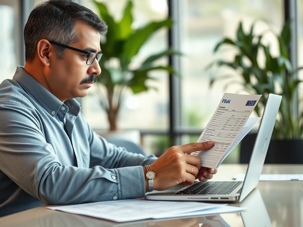 A close-up shot of a professional business consultant analyzing merchant processing statements on a laptop. The consultant, a middle-aged Hispanic male, is seated at a modern desk with financial documents spread out. The background features a well-lit office space with greenery, creating an inviting and professional atmosphere. The image should evoke a sense of trust and expertise.