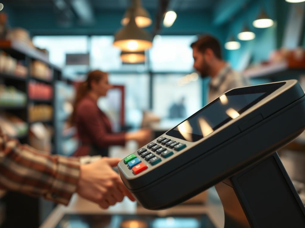 A close-up shot of a modern point-of-sale terminal with a sleek design. In the background, a business owner is seen engaging with a customer, creating a vibrant atmosphere of transaction and trust. The color palette should include shades of teal, reflecting the primary color rgb(0, 117, 98). The image should convey a sense of professionalism and efficiency in payment processing.
