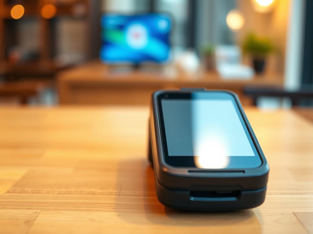 A close-up shot of a modern payment terminal with a sleek design, placed on a clean wooden table. The background is softly blurred to emphasize the terminal, with warm lighting that enhances the device's features. The focus is sharp on the terminal, showcasing its touchscreen and card insertion slot.