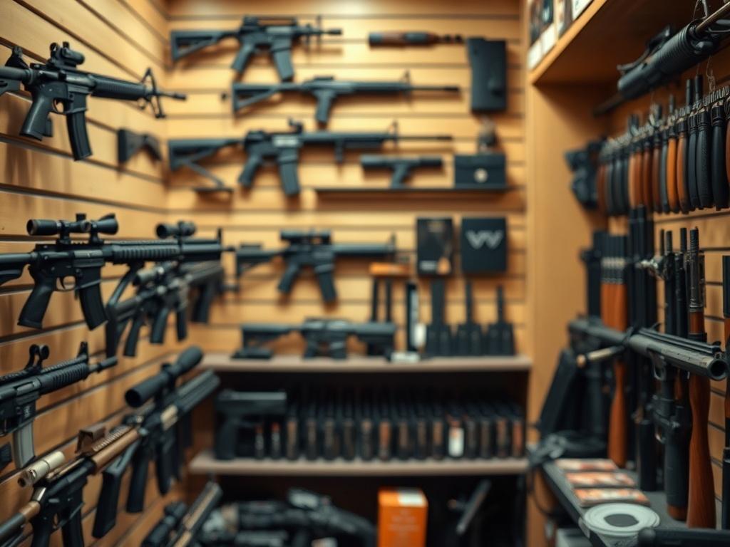 A hyper-realistic close-up photograph of a modern gun shop interior, showcasing a variety of firearms and accessories. The composition should emphasize the display of firearms on shelves, with soft lighting to highlight the details of the guns. The background should be slightly blurred to keep the focus on the firearms, creating a warm and inviting atmosphere that reflects the professionalism of the firearms industry.