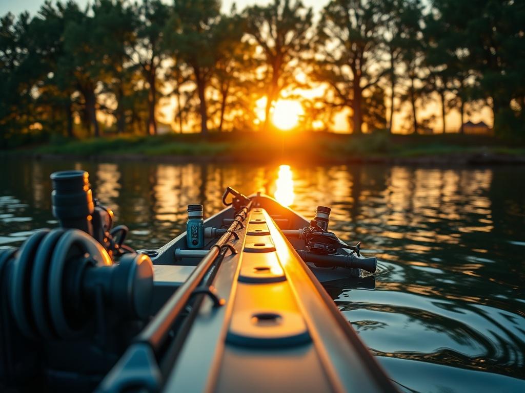 A close-up shot of a modern fishing boat on a serene lake at sunset, showcasing fishing gear and equipment on board. The water reflects the warm hues of the setting sun, with gentle ripples creating a peaceful atmosphere. The background features lush green trees lining the shore, enhancing the outdoor experience. The image should focus on the boat and gear, capturing the essence of adventure and connection with nature.