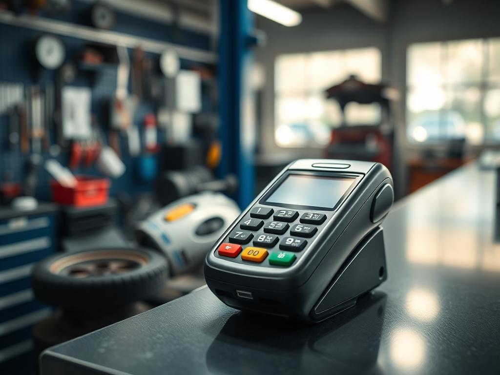 A hyper-realistic close-up shot of a credit card terminal on the countertop of an auto repair shop. The background features tools and car parts, subtly emphasizing the auto repair theme. The image should convey a sense of professionalism and efficiency, using a 45mm f/1.2 lens style to create a soft bokeh effect that highlights the terminal.