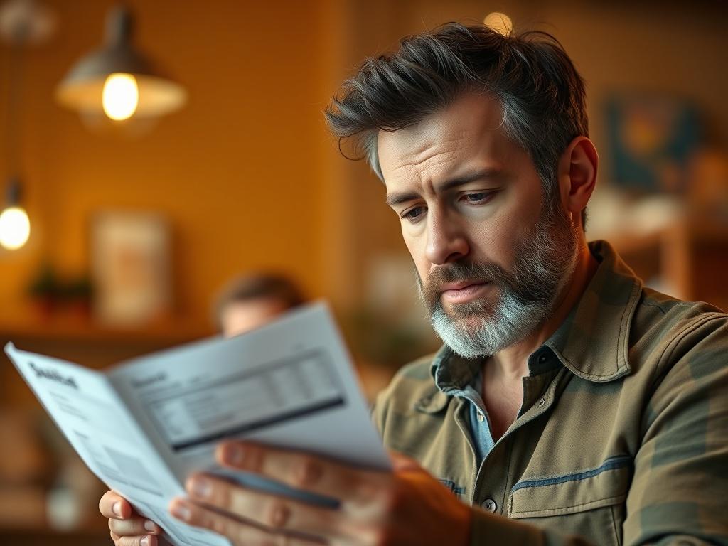 A hyper-realistic close-up shot of a business owner examining their credit card processing statement, with a focused expression on their face. The background should be softly blurred, emphasizing the statement in hand. The lighting should be bright and warm, creating an inviting atmosphere. The scene should convey a sense of seriousness and importance, reflecting the significance of understanding payment processing costs.