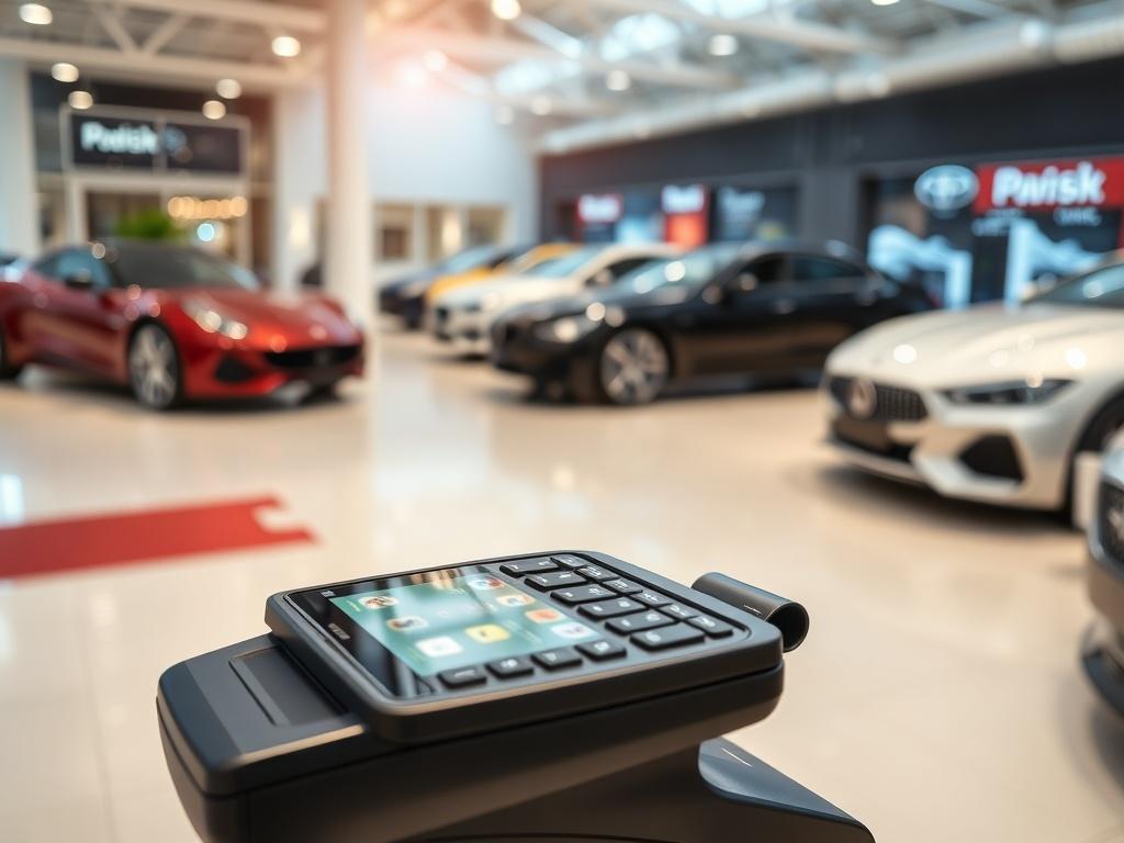A hyper-realistic close-up shot of a modern vehicle dealership interior, featuring sleek, high-end cars on display. The focus should be on a payment processing terminal at the forefront, showcasing the technology involved in transactions. The background should be blurred to keep concentration on the terminal, with hints of dealership branding colors. The lighting should be bright and inviting, emphasizing a professional atmosphere.