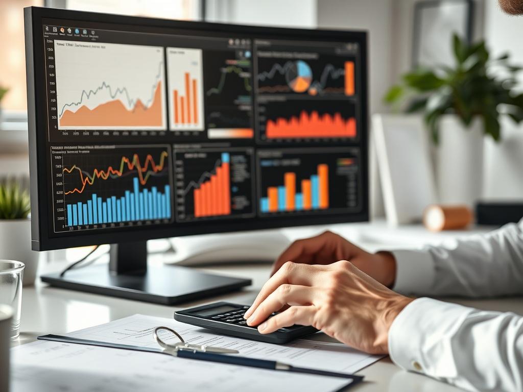 A close-up shot of a consultant analyzing graphs and charts on a computer screen, with a calculator and coffee cup nearby, in a bright office.