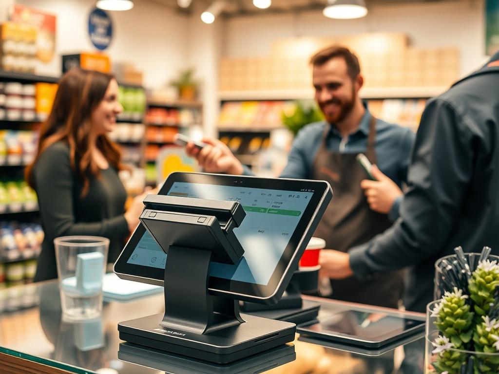A close-up shot of a modern POS system on a retail counter, with a satisfied business owner interacting with a customer, in a vibrant store.