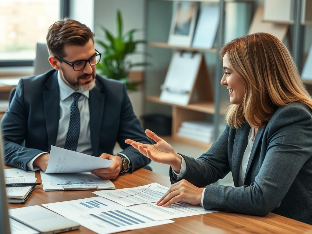 A close-up shot of a business consultant discussing funding options with a client, with financial documents on a table, in a professional office.