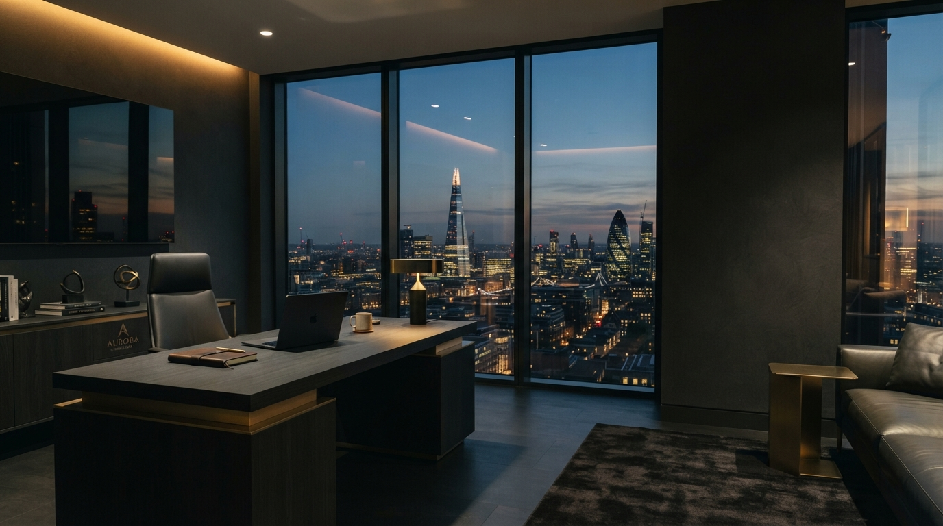 Elegant modern consultancy office with warm golden lighting at dusk
