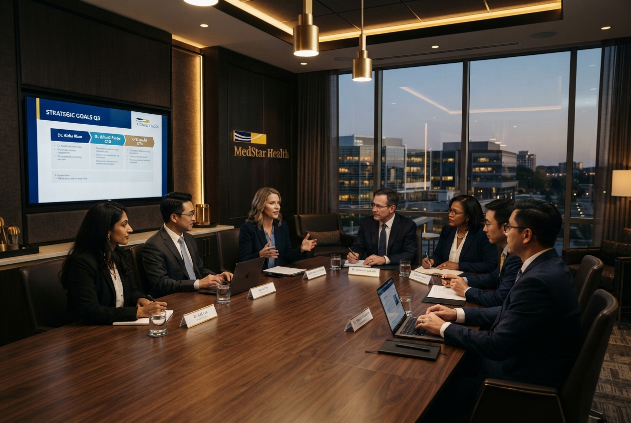 Healthcare leadership meeting in an elegant dark interior with warm gold lighting