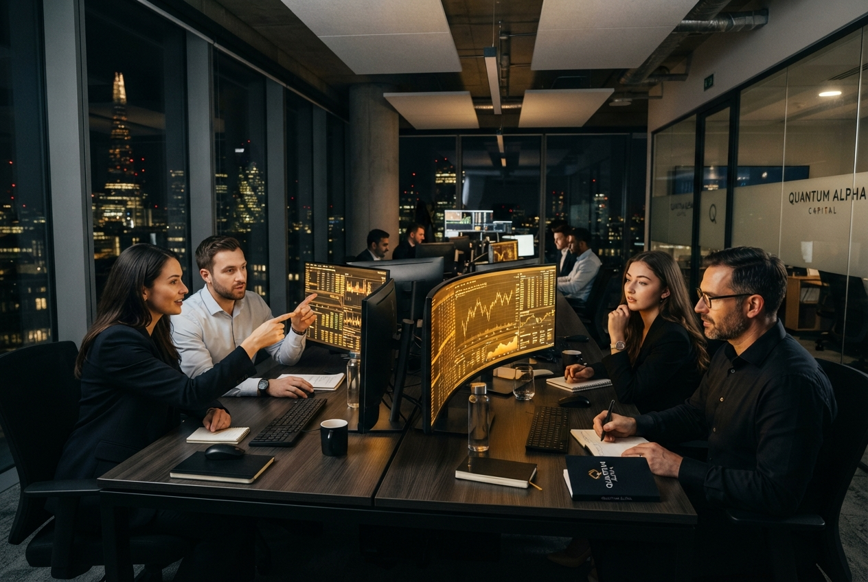 Fintech analysts reviewing data on dark screens with golden glows