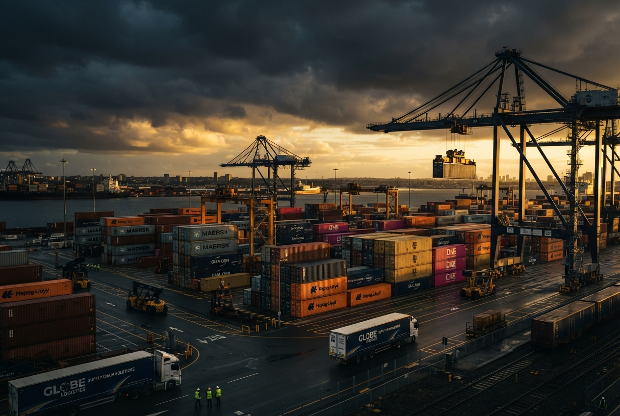 Cargo containers at golden hour representing a logistics transformation project