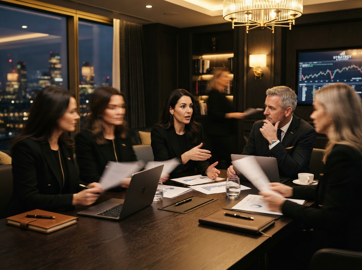 Consultants in a strategy meeting around a dark wood table with warm golden lighting
