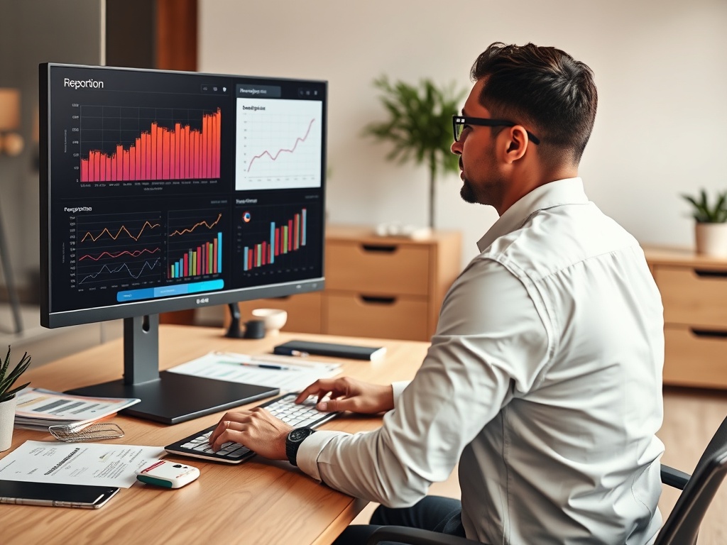 Business consultant reviewing analytics dashboards and reporting materials for decision-making