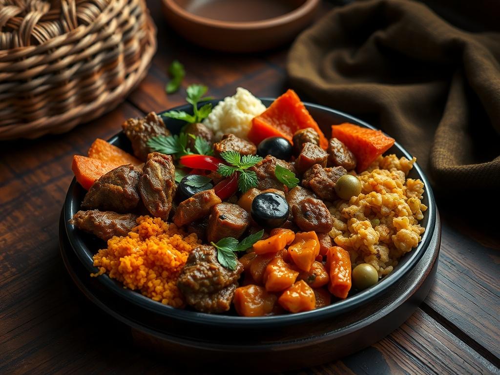 A beautifully arranged plate of diverse African dishes showcasing vibrant colors and textures. The plate is centered on a rustic wooden table, surrounded by elements symbolizing African culture, such as a subtle woven basket and traditional fabric. The lighting is warm and inviting, emphasizing the rich details of the food, with soft shadows creating depth. The background is blurred to keep the focus on the food while hinting at a cozy dining atmosphere.