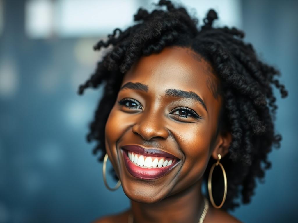 A high-resolution close-up portrait of a Black person smiling warmly, showcasing their natural hair in a stylish and confident manner. The background should be softly blurred with cool-toned shades of rich blues and soft grays, creating an inviting and uplifting atmosphere. The subject should convey a sense of joy and satisfaction, reflecting the positive experiences associated with Kin & Spice DC.