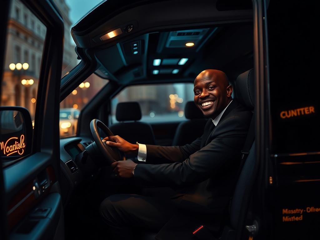 A Black driver in a formal black suit, smiling while driving a luxury passenger van, showcasing a spacious and comfortable interior. The van is parked in an elegant urban setting with soft city lights in the background. The image captures the essence of curated pacing and attention to detail, conveying a sense of relaxation and enjoyment for the passengers. The composition focuses on the driver and the van, with a warm, inviting atmosphere.