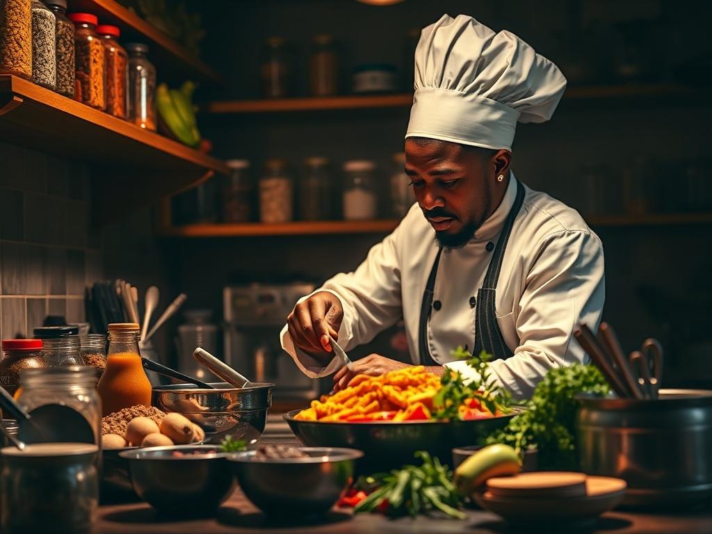 A vibrant, high-resolution image of a chef in a kitchen, passionately preparing a traditional dish that reflects the richness of African culture. The chef is focused and skillfully working with fresh ingredients, surrounded by colorful spices and cooking utensils. The background should showcase a warm, inviting kitchen atmosphere with wooden shelves filled with jars of spices and herbs, illuminated by bold lighting that creates deep shadows and highlights the textures of the ingredients.