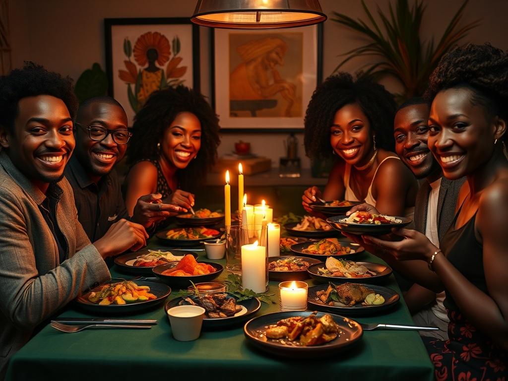 Create a realistic high-resolution photo of a warm and elevated dining scene featuring a group of stylish African American adults joyfully sharing small plates inspired by African and Caribbean cuisine. The composition should focus solely on this group as the main subject, showcasing an intimate and vibrant atmosphere. Use soft ambient lighting to cast a cozy glow, highlighting the deep green and terracotta tones of the decor and table settings.

In the foreground, capture a beautifully arranged table with 