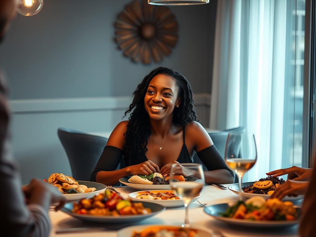 A light-skinned black woman sitting at a beautifully set dining table, enjoying a curated meal. The background features a warm, modern dining space with rich blue and soft gray tones. The table is elegantly arranged with plates of vibrant African diaspora cuisine. The woman smiles, reflecting joy and connection, as she shares an intimate moment with friends around her. The lighting is soft and inviting, creating a cozy atmosphere.