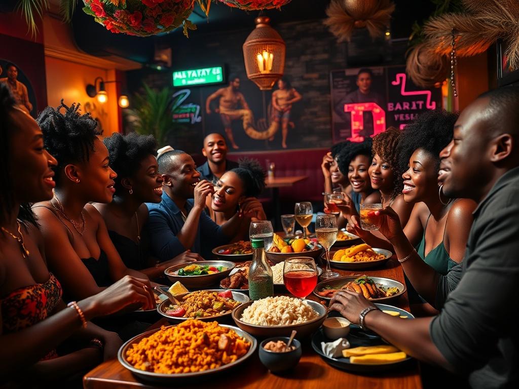 A vibrant scene inside a Caribbean lounge, showcasing a diverse group of Black individuals enjoying a communal dining experience. The focus is on a beautifully arranged table filled with colorful Caribbean dishes, such as jerk chicken, rice and peas, plantains, and tropical fruits. The background features warm lighting, tropical decor, and lively music elements, creating an inviting and festive atmosphere. The individuals are engaged in lively conversation, laughing, and savoring their food, highlighting th