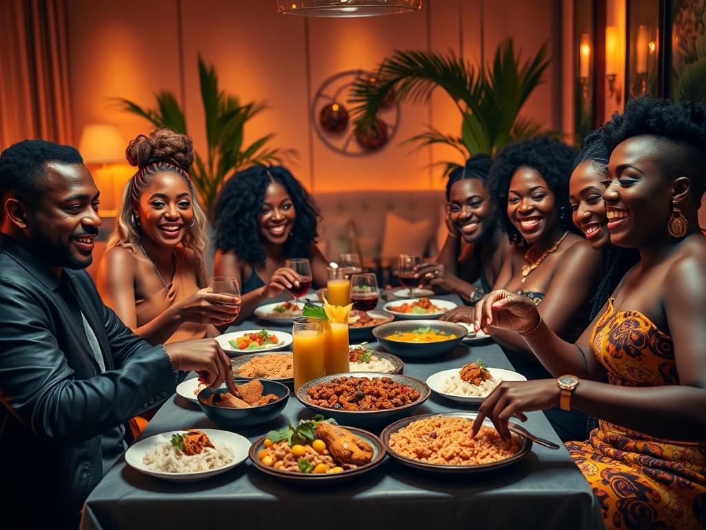 A vibrant Caribbean food dinner scene in a cozy lounge setting. The image features a diverse group of mixed-race people happily enjoying their meal together around a beautifully set table. The table is adorned with colorful Caribbean dishes, including jerk chicken, rice and peas, and tropical fruits. The background showcases warm lighting, creating an inviting atmosphere, with elegant lounge decor that includes plants and soft seating. The focus is on the joyful interaction and the delicious food.