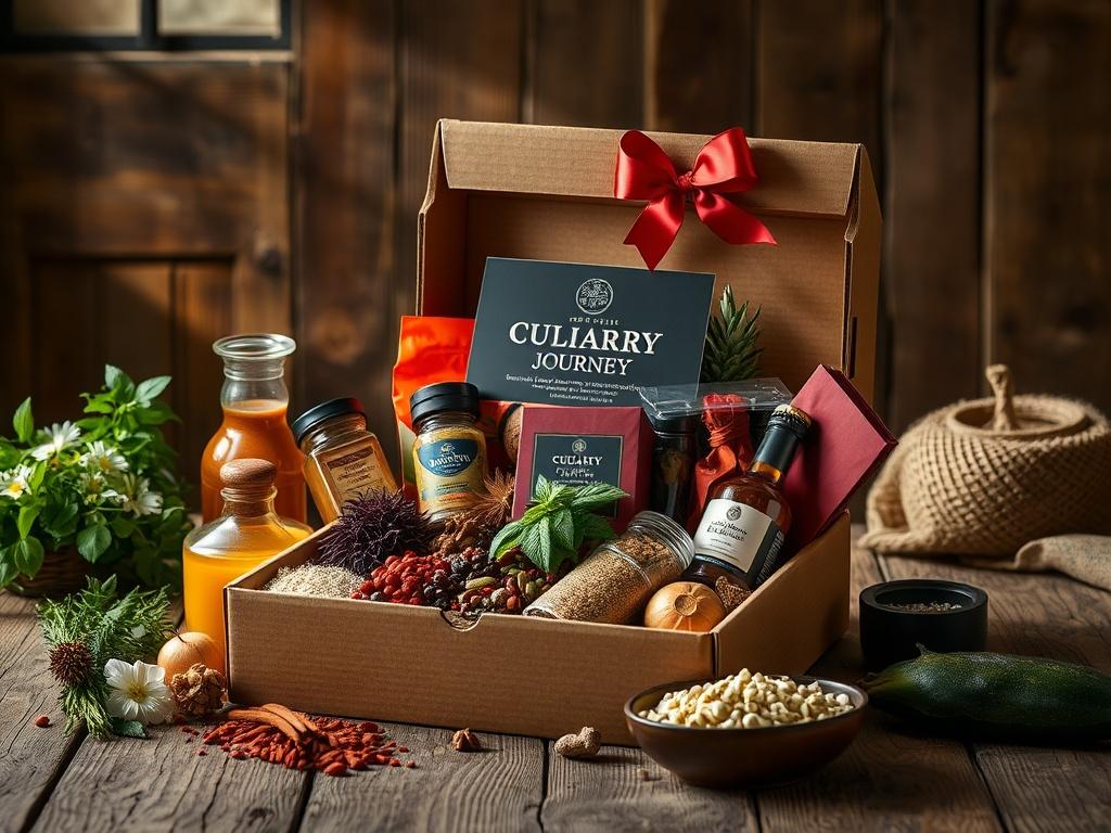 A beautifully arranged Culinary Journey Gift Box featuring an array of colorful spices, herbs, and ingredients. The box should be open, showcasing the vibrant contents inside. The background should be a rustic wooden table, with natural light creating a warm and inviting atmosphere. Include textures like burlap or woven materials to enhance the cultural feel. The focus should be on the box and its contents, with deep shadows and striking contrast to highlight the colors.